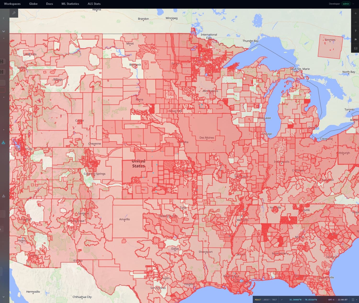 Continental-scale map of LiDAR survey coverage parcels