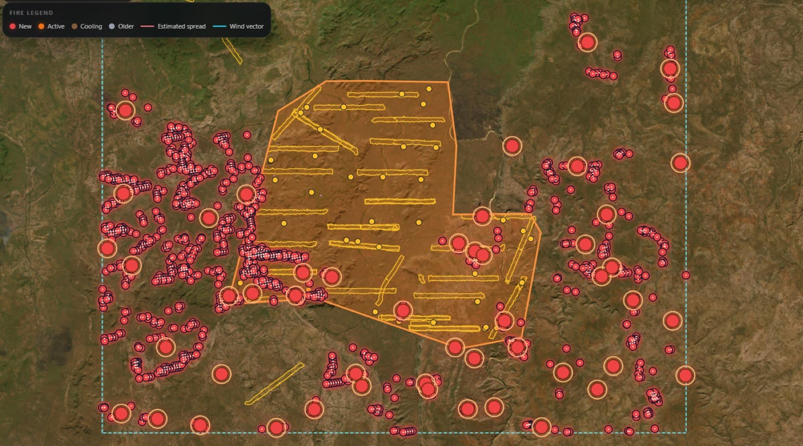 Fire-spread map with active fire points and wind vectors over satellite imagery