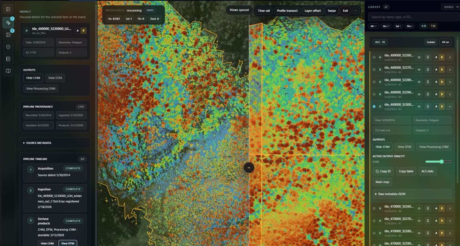 Processing pipeline view with provenance timeline and canopy model comparison