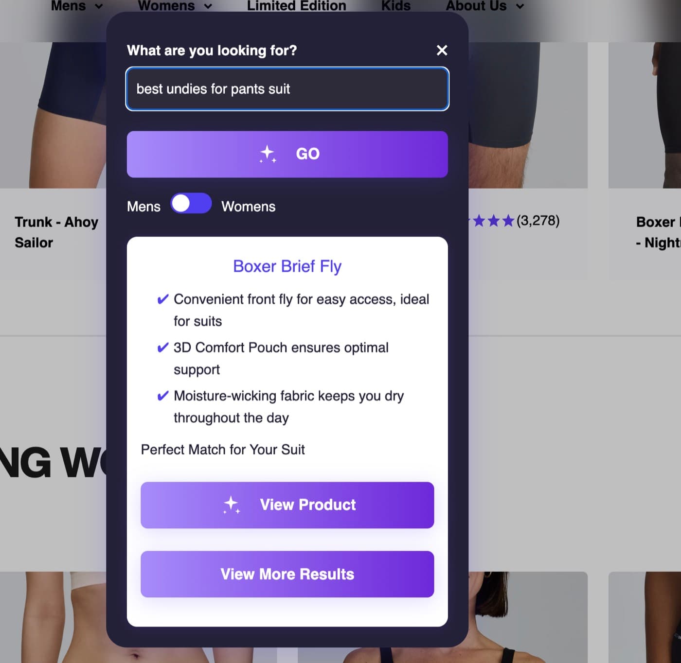 AI search overlay where a shopper types 'best undies for pants suit' and gets a matched product recommendation