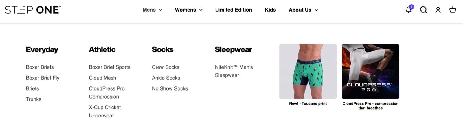 Expanded Step One mega-menu with product categories and editorial tiles